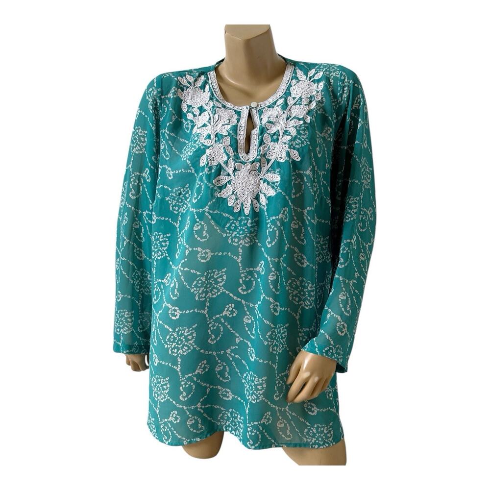 Susan Graver Tunic Top Womens Plus 1X Floral Embroidered Long Sleeve Keyhole